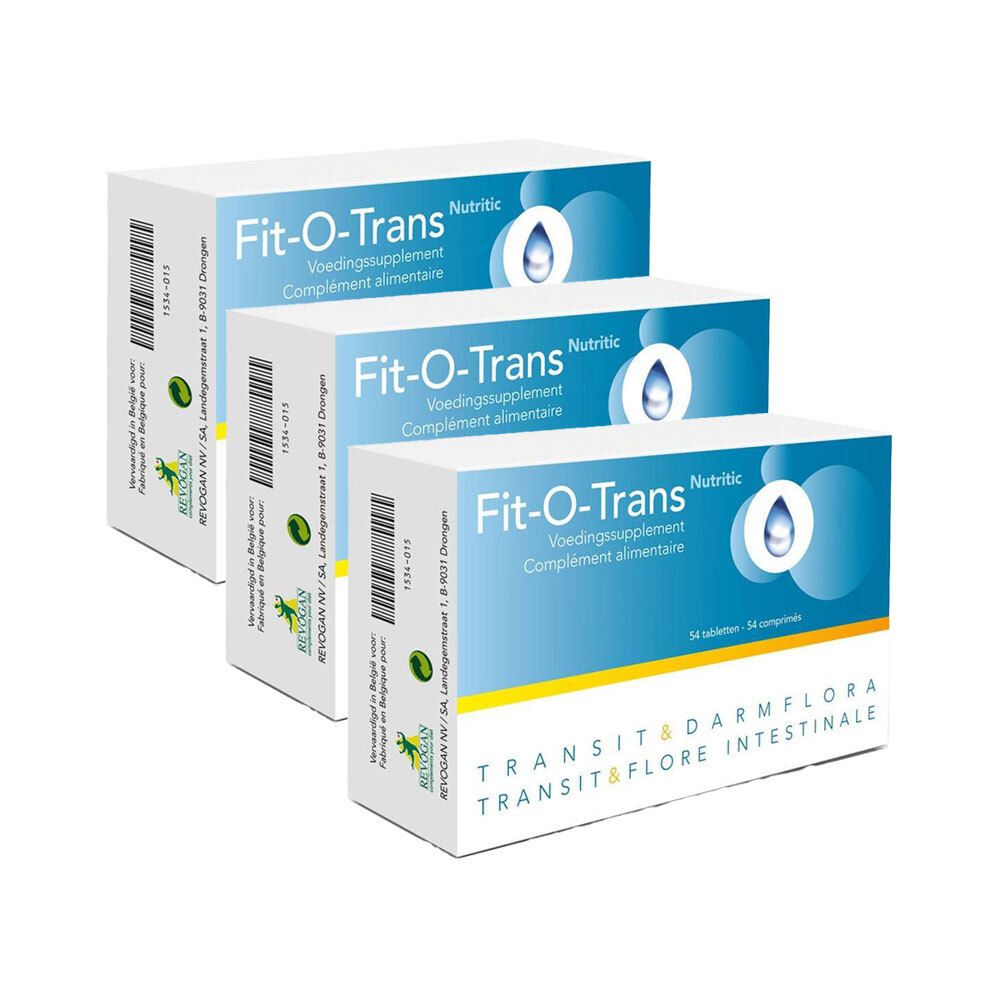 Fit-O-Trans Tripack. Drie witte dozen met blauwe afbeelding. Tekst: Voedingssupplement, Transit & Darmflora.