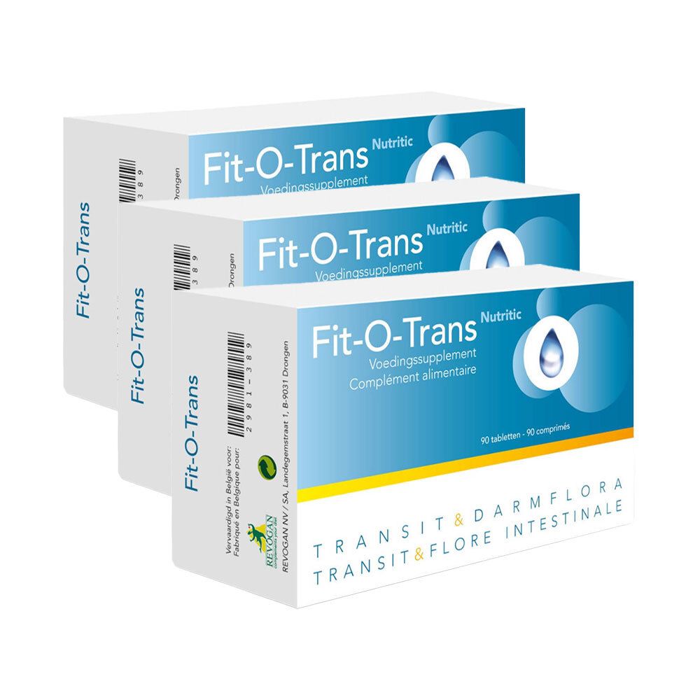 Drie Fit-O-Trans verpakkingen. Blauwe en witte dozen met productnaam en druppellogo. 3 dozen.