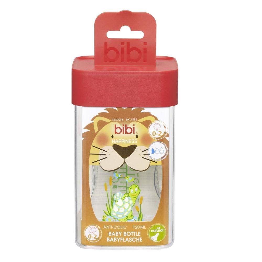 Biberon dans son emballage. Bouchon rouge, flacon transparent avec motif lion et tortue. Texte : Bibi, 0-2, 120ml, Anti-Colic.