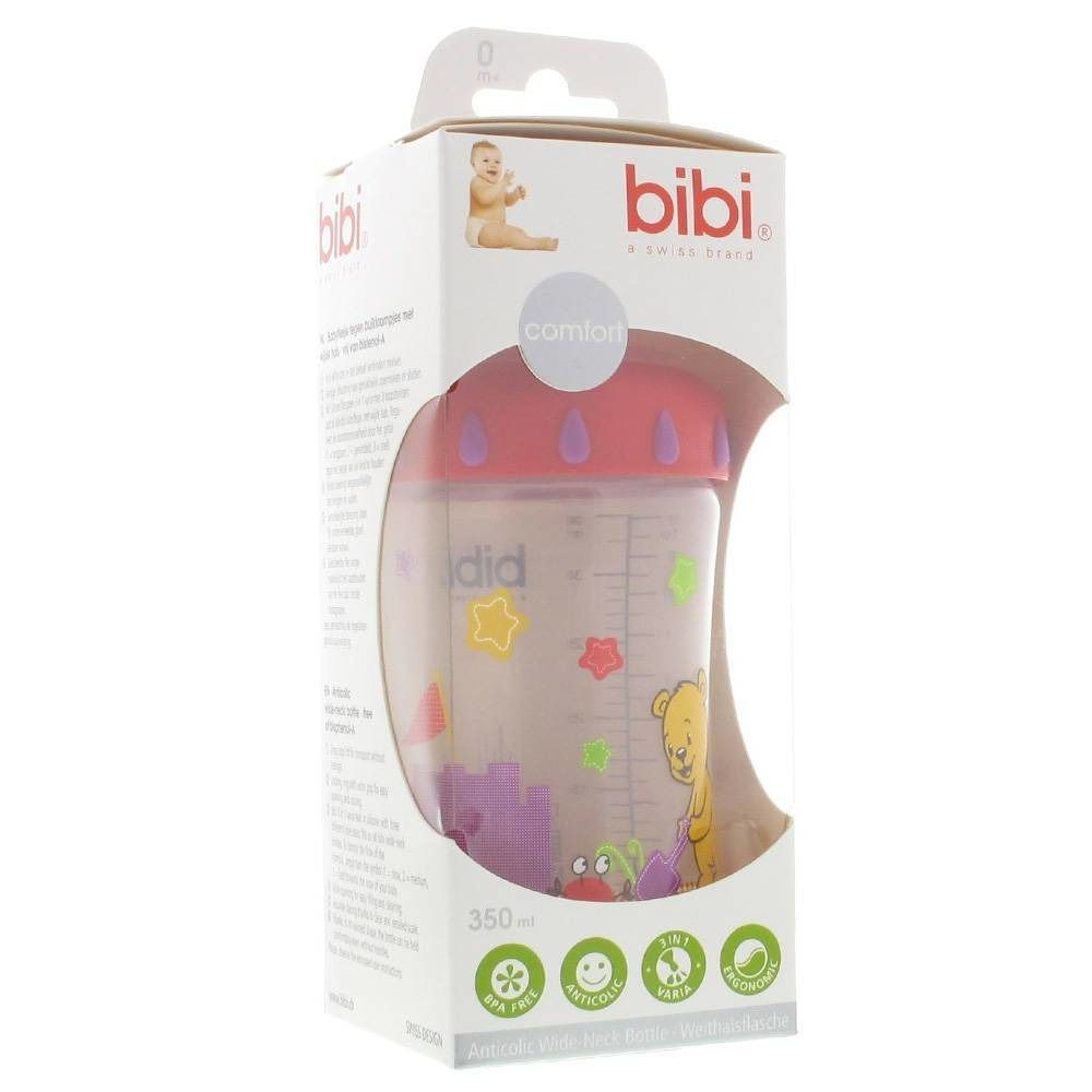 Biberon dans son emballage. Tétine rouge, biberon transparent avec motifs colorés. Marque : bibi.