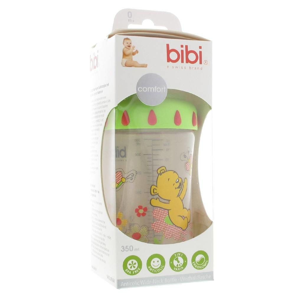 Biberon dans son emballage. Vert, motif ours jaune. Marque : bibi. Avec échelle de mesure et diverses certifications.
