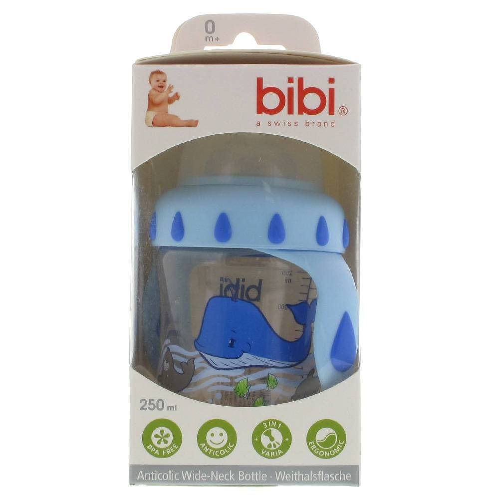 Babyfles in verpakking. Lichtblauwe fles met handvat, walvisillustratie. Merk "bibi". Tekst: "Anticolic Wide-Neck Bottle".
