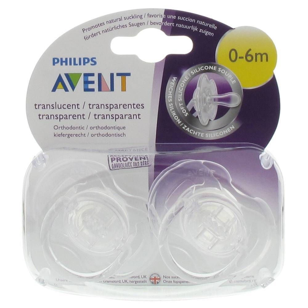 Twee transparante fopspenen in verpakking. Aanbevolen voor 0-6 maanden. Merk: Philips Avent.