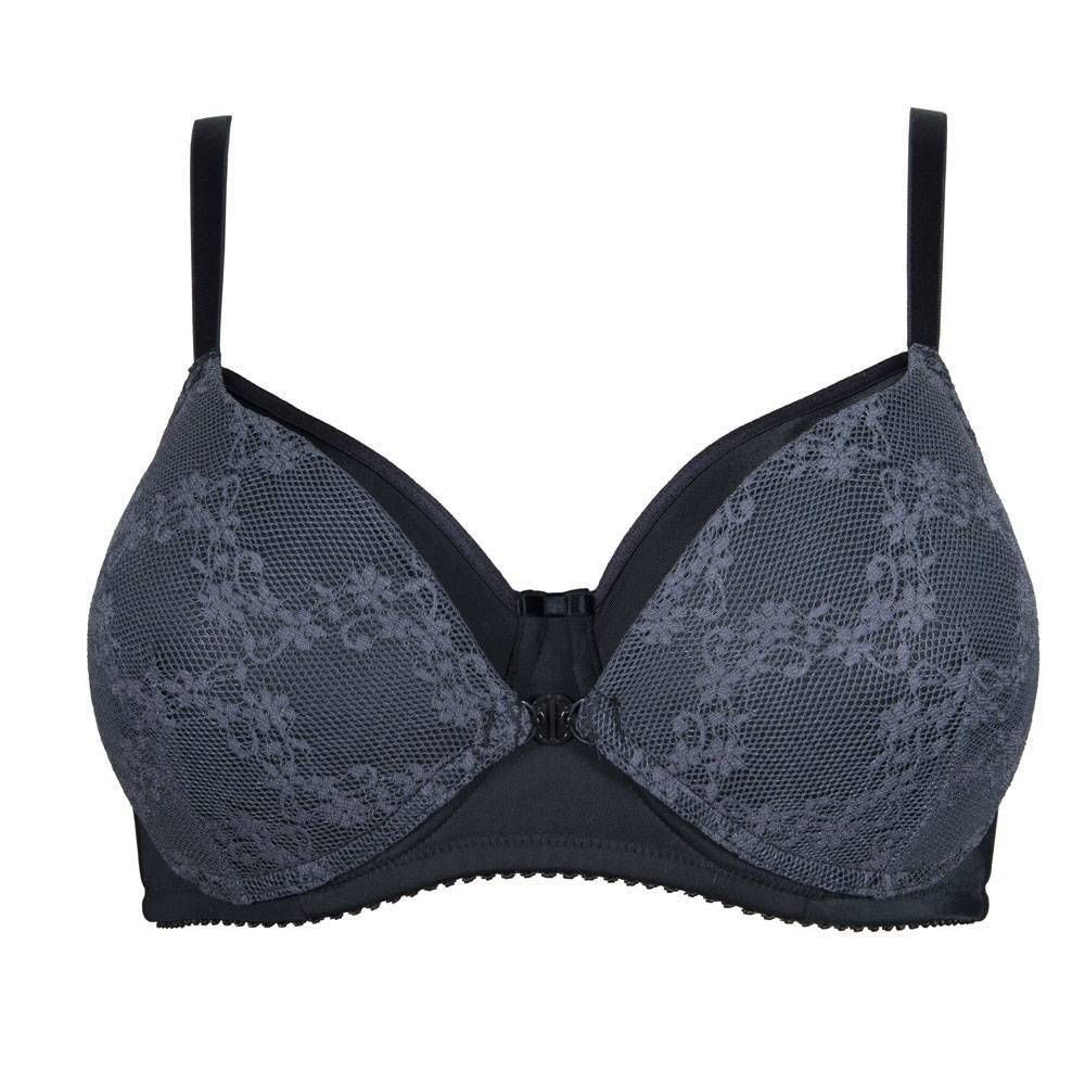 Soutien-gorge gris avec dentelle. Bretelles réglables, armatures. Fermeture à crochet devant. Bande de maintien unie.