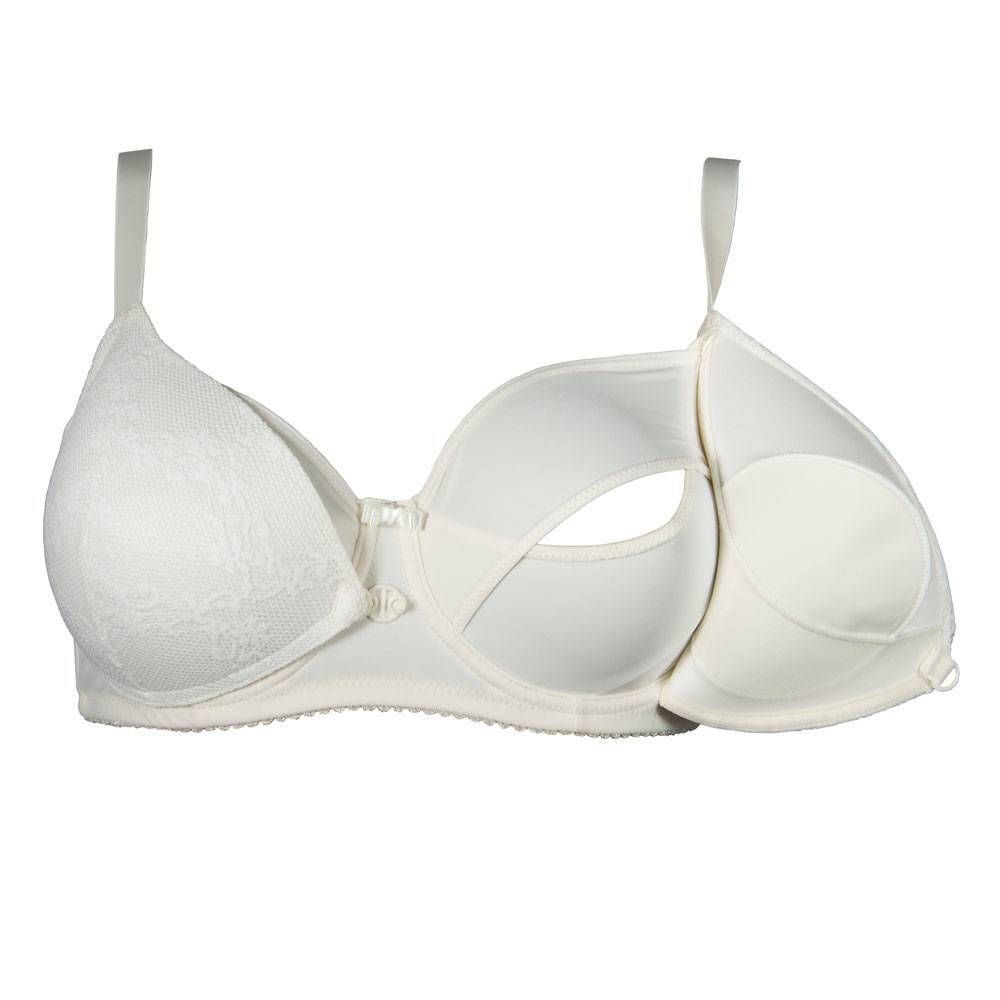 Soutien-gorge d'allaitement blanc, partiellement ouvert. Montre l'intérieur, fonction d'allaitement. Dentelle, bretelles réglables.