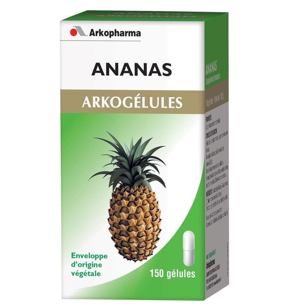 Verpakking "Ananas Arkogélules". Afbeelding van ananas en capsule. Tekst: "150 gélules" en "enveloppe d'origine végétale".
