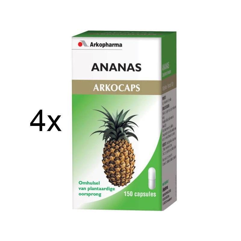 Verpakking "Ananas Arkocaps". Afbeelding van ananas en capsule. Tekst: "150 capsules" en "4x".