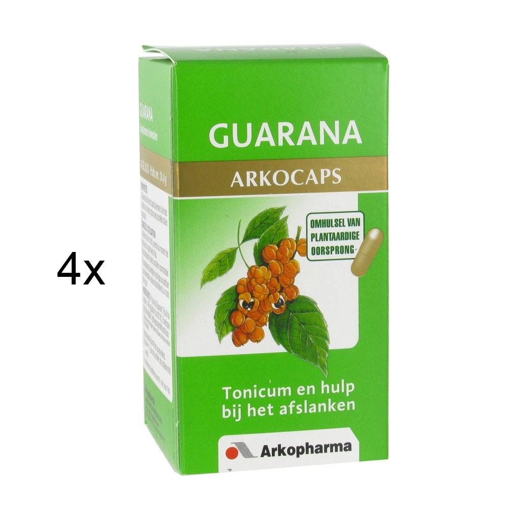 Groene doos met opschrift GUARANA ARKOCAPS. Illustratie van vruchten en bladeren. Tekst: Tonicum en hulp bij het afslanken. 4x.