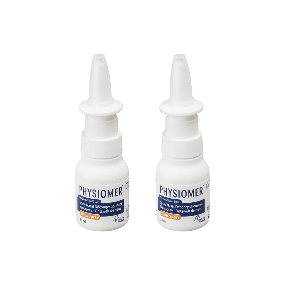 Twee witte "Physiomer" neussprays. Opschrift: "Spray Nasal Décongestionnant".