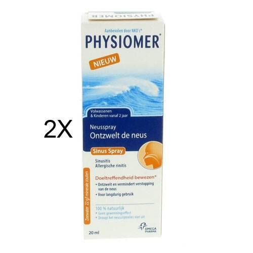 Boîte de spray nasal "Physiomer". Texte : "Nouveau", "Sinus Spray", "Ontzwelt de neus". 2x présent.