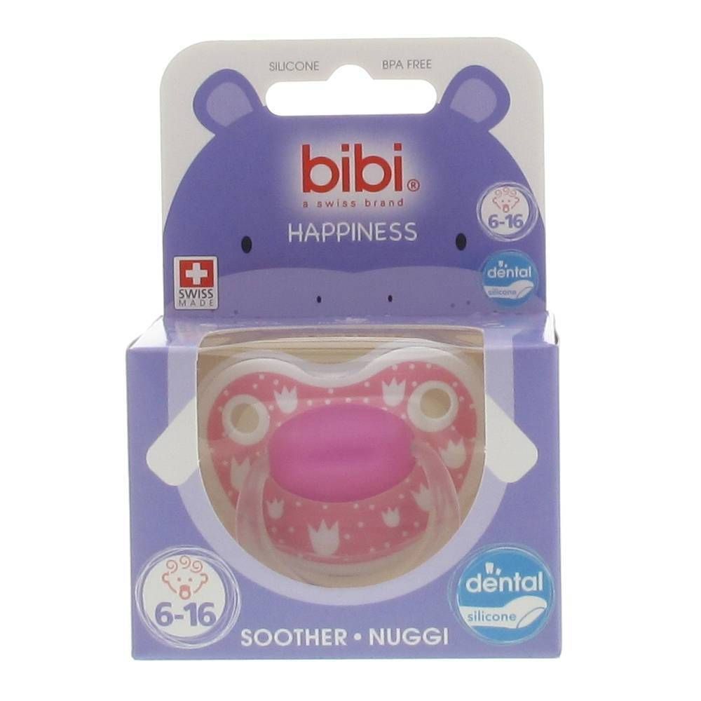 Sucette rose avec motif couronnes, emballage. Marque: bibi. Âge: 6-16 mois. Silicone. Avec croix suisse.