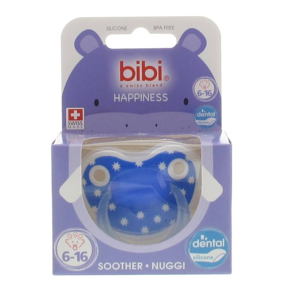 Sucette bleue à motifs étoiles, emballée. Marque bibi, modèle Happiness. Pour bébés de 6-16 mois. Label "dental".