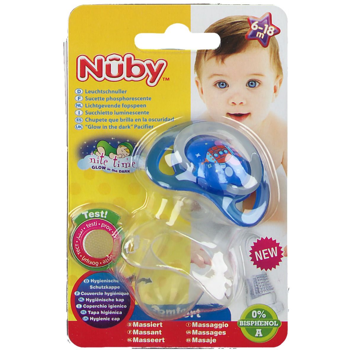 Nuby Sucette Glow In The Dark Orthodontique Jaune  6-18m