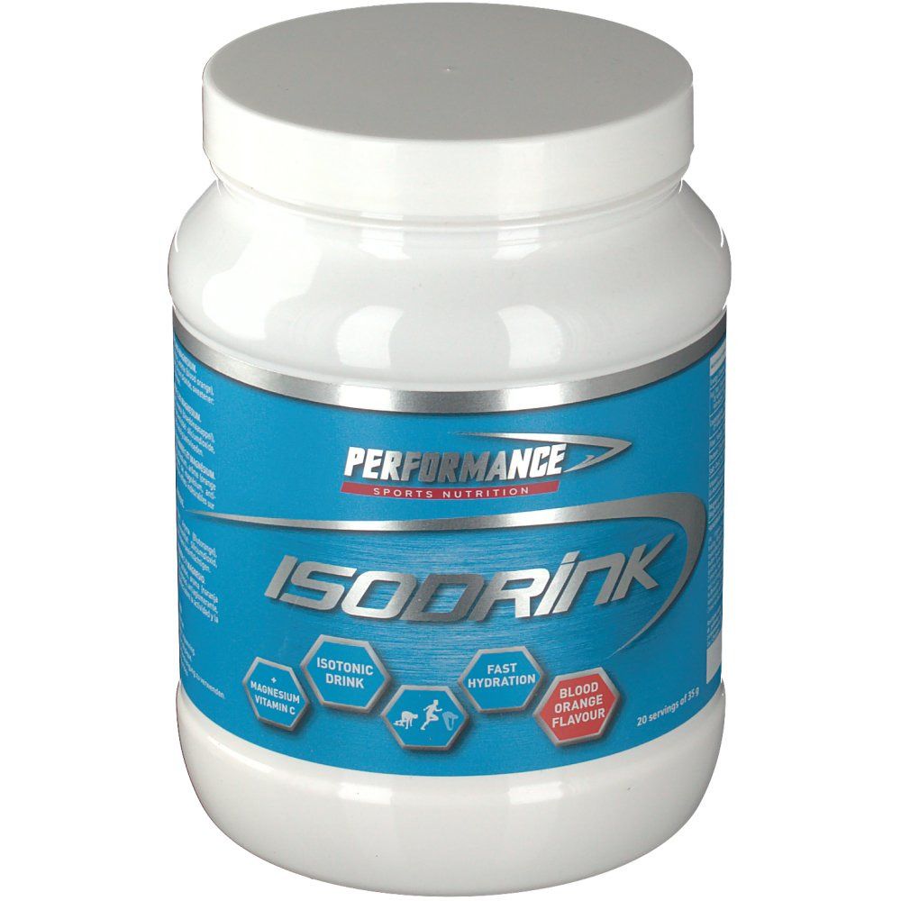 Pot blanc avec étiquette bleue. Inscription : Performance Isodrink, Orange sanguine. Boisson isotonique.