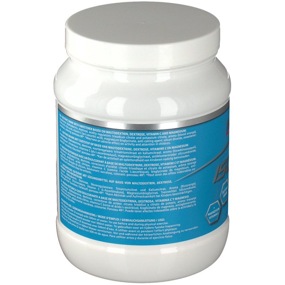 Pot blanc avec étiquette bleue. Dos avec ingrédients. Texte en plusieurs langues.