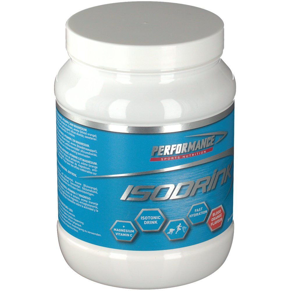 Pot blanc avec étiquette bleue. Inscription : Performance Isodrink, Orange sanguine. Boisson isotonique.
