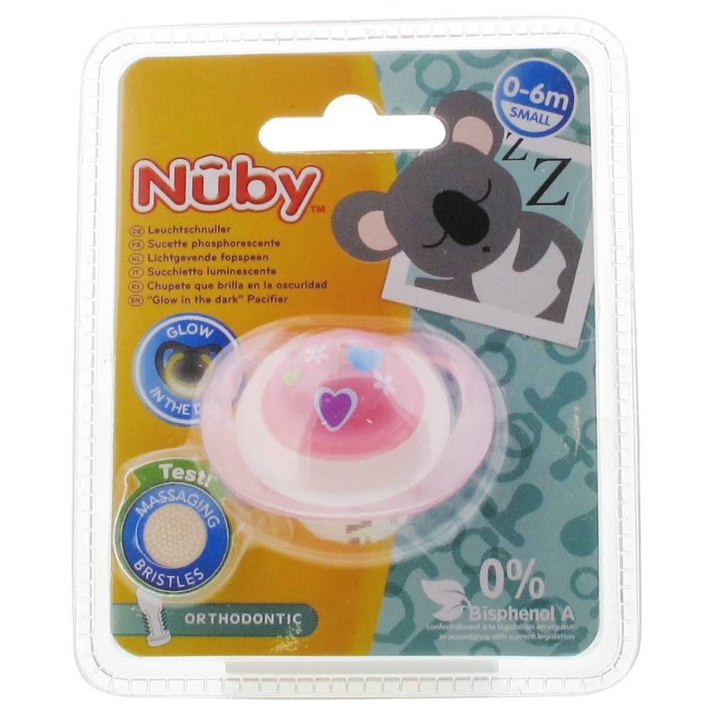 Nuby Sucette Glow In The Dark Orthodontique 0-6 Mois Rose-Coeur