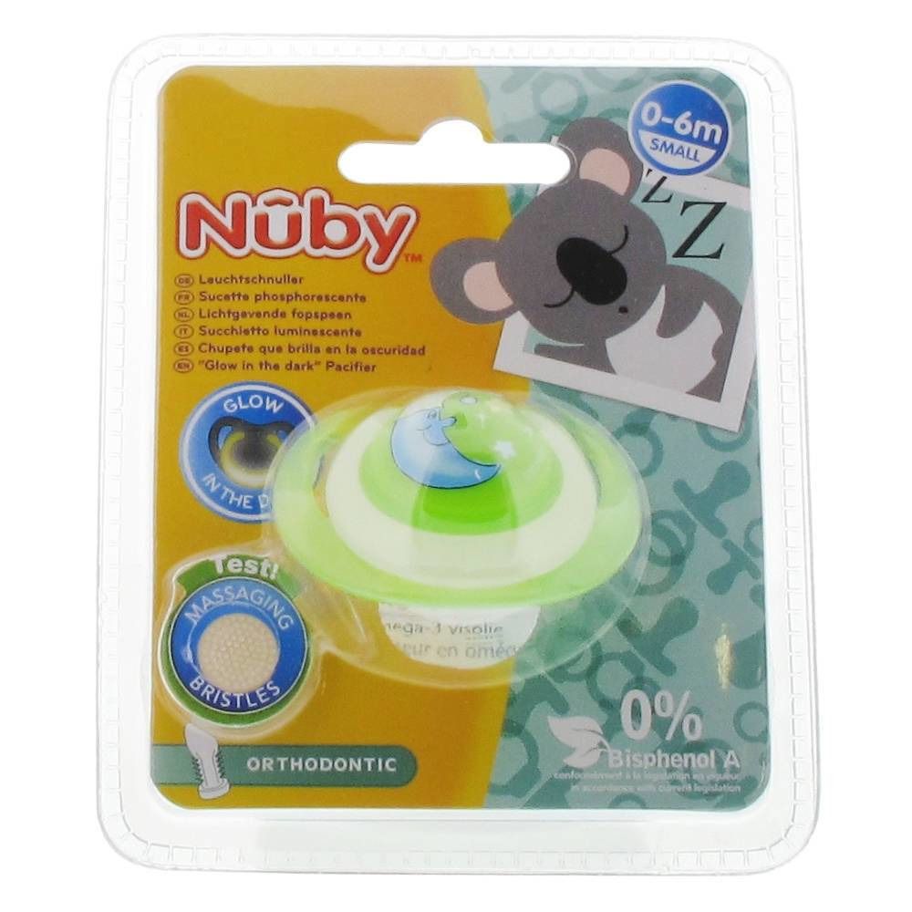 Nuby Sucette Glow In The Dark Orthodontique 0-6 Mois Vert-Lune
