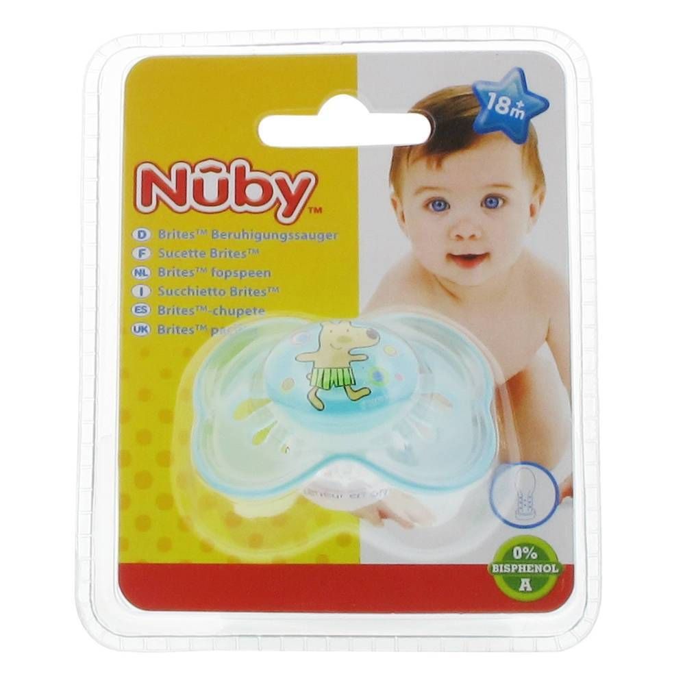 Sucette bleue et verte en blister. Motif ours. Recommandation d'âge : 18 mois. Marque : Nuby. Sans BPA.