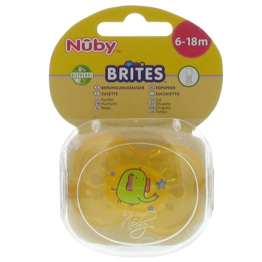 Nuby Sucette Silicone Brites Ovale 6-18 Mois Jaune-Éléphant