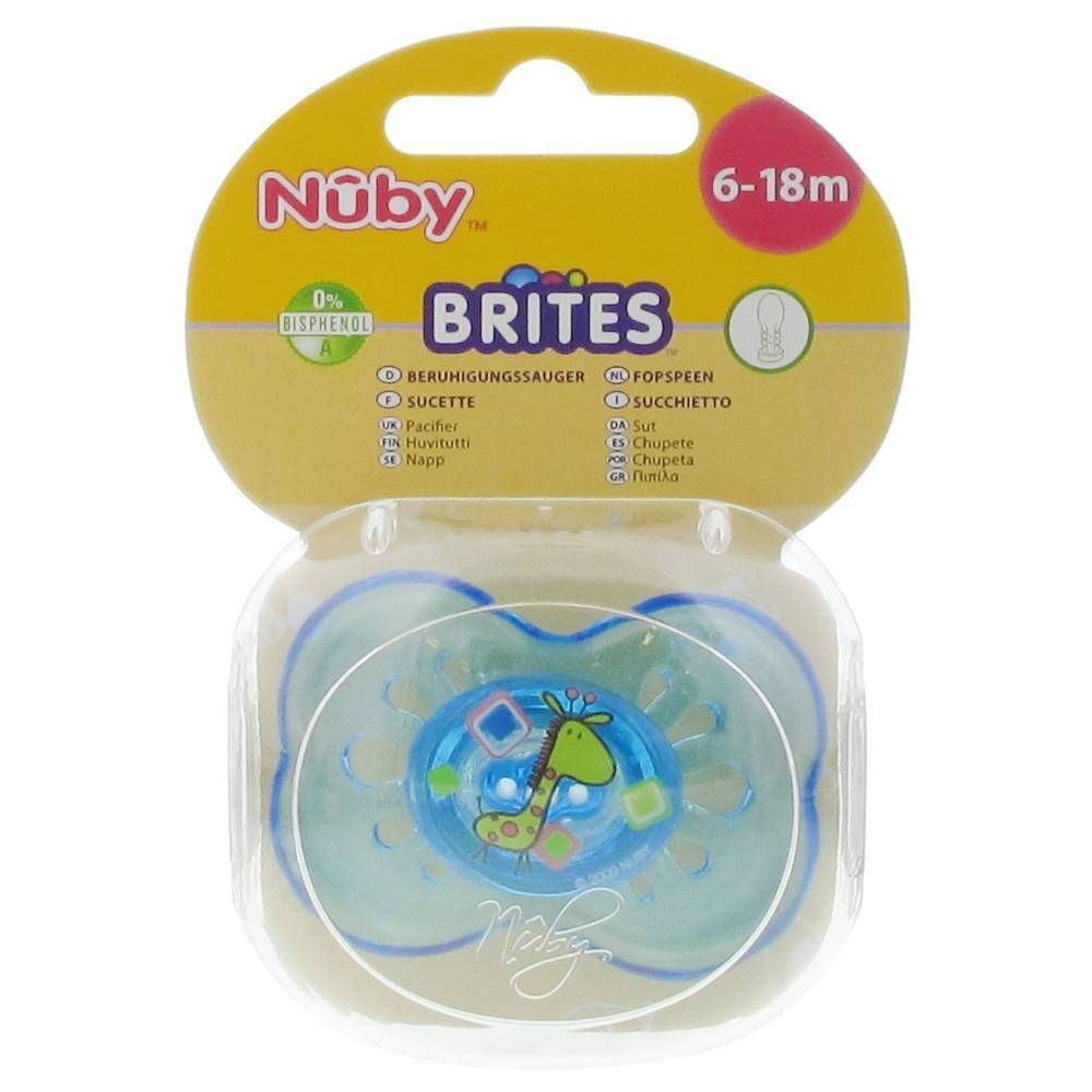 Blauwe fopspeen met girafmotief in blisterverpakking. Aanbevolen leeftijd: 6-18 maanden. Merk: Nuby. Opschrift: Brites.