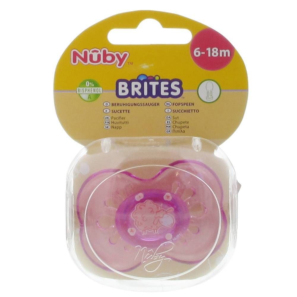 Verpakte fopspeen. Roze siliconen fopspeen met paarse accenten. Op de verpakking staat "Nuby", "Brites" en "6-18m".