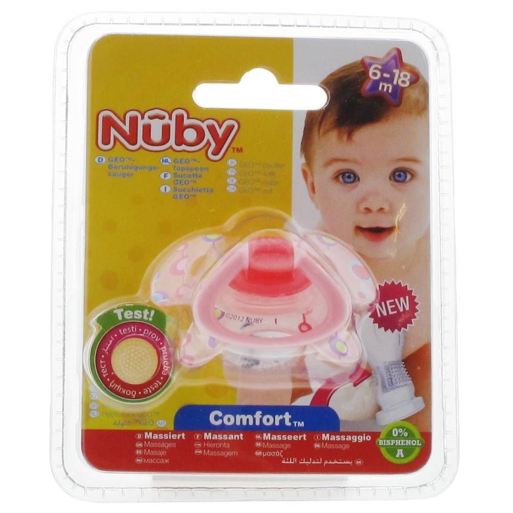 Roze Nuby fopspeen in blisterverpakking. Voor baby's van 6-18 maanden. Orthodontisch ontwerp. Met "Test!" label.