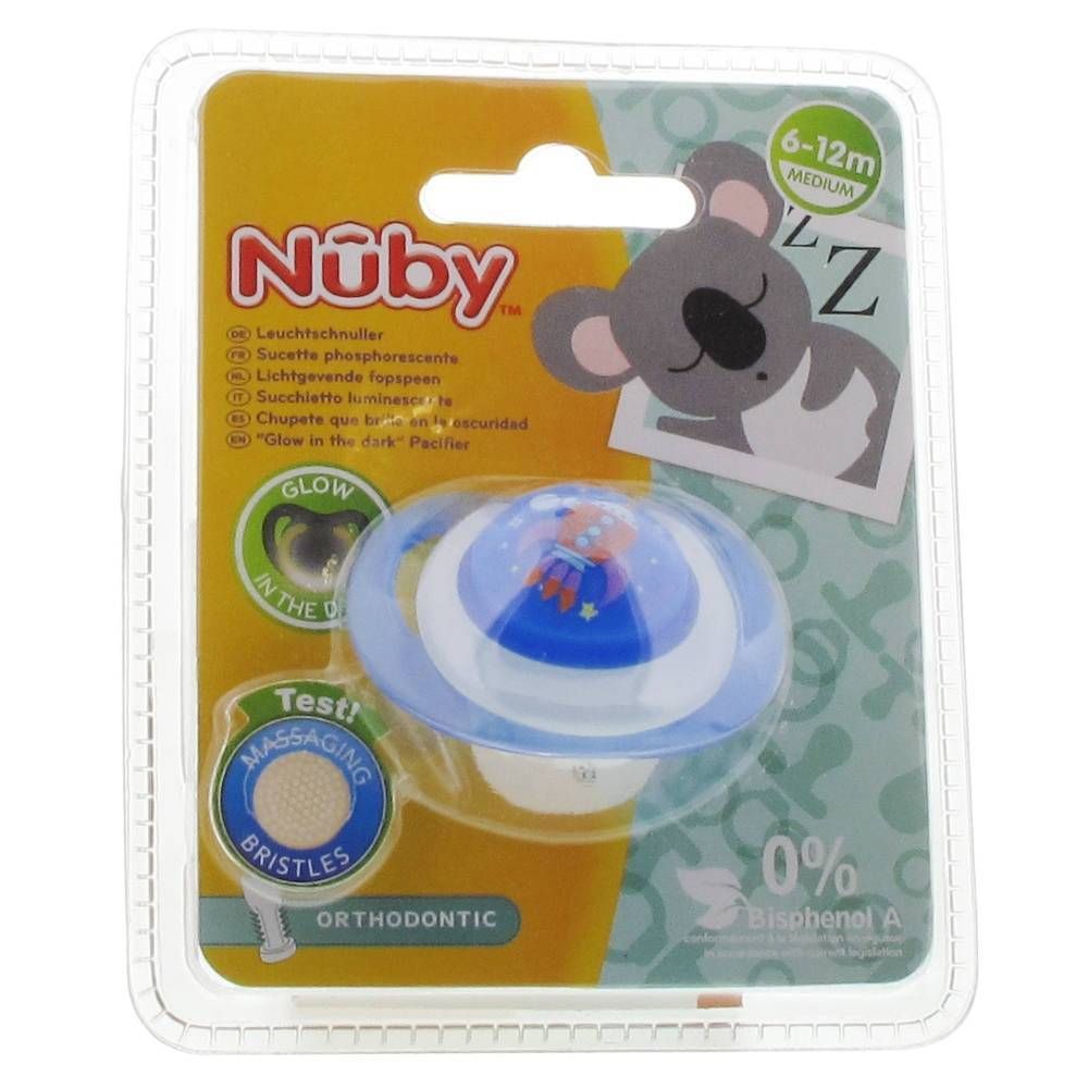Blauwe fopspeen in blisterverpakking. Met print, 6-12 maanden. Orthodontisch. Merk Nuby. Vrij van bisfenol A.