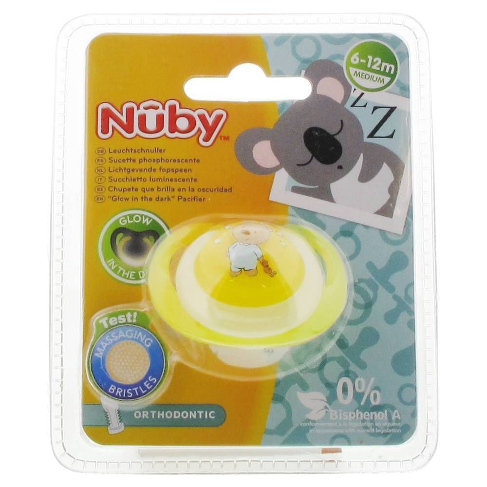 Sucette jaune et blanche en blister. Motif ours. Marque Nuby. Pour 6-12 mois. Orthodontique.