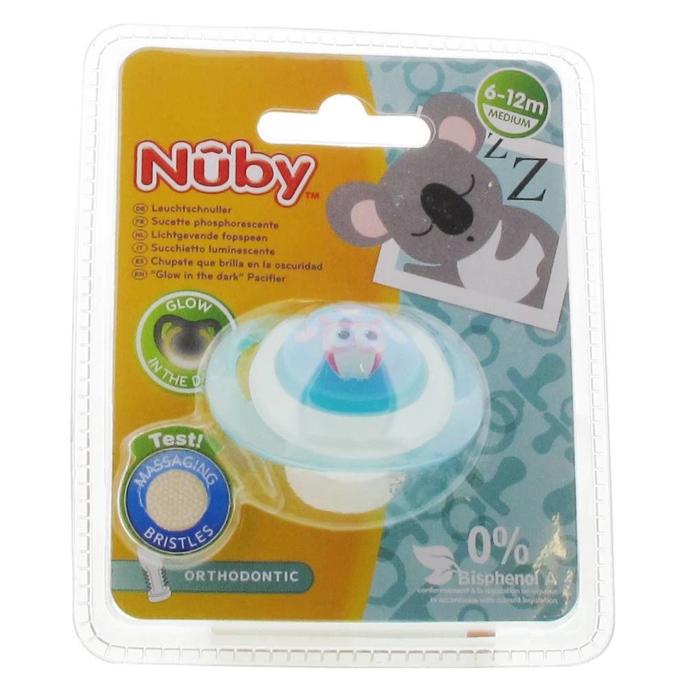 Nuby Sucette Glow In The Dark Orthodontique 6-12 Mois Bleu-Chouette
