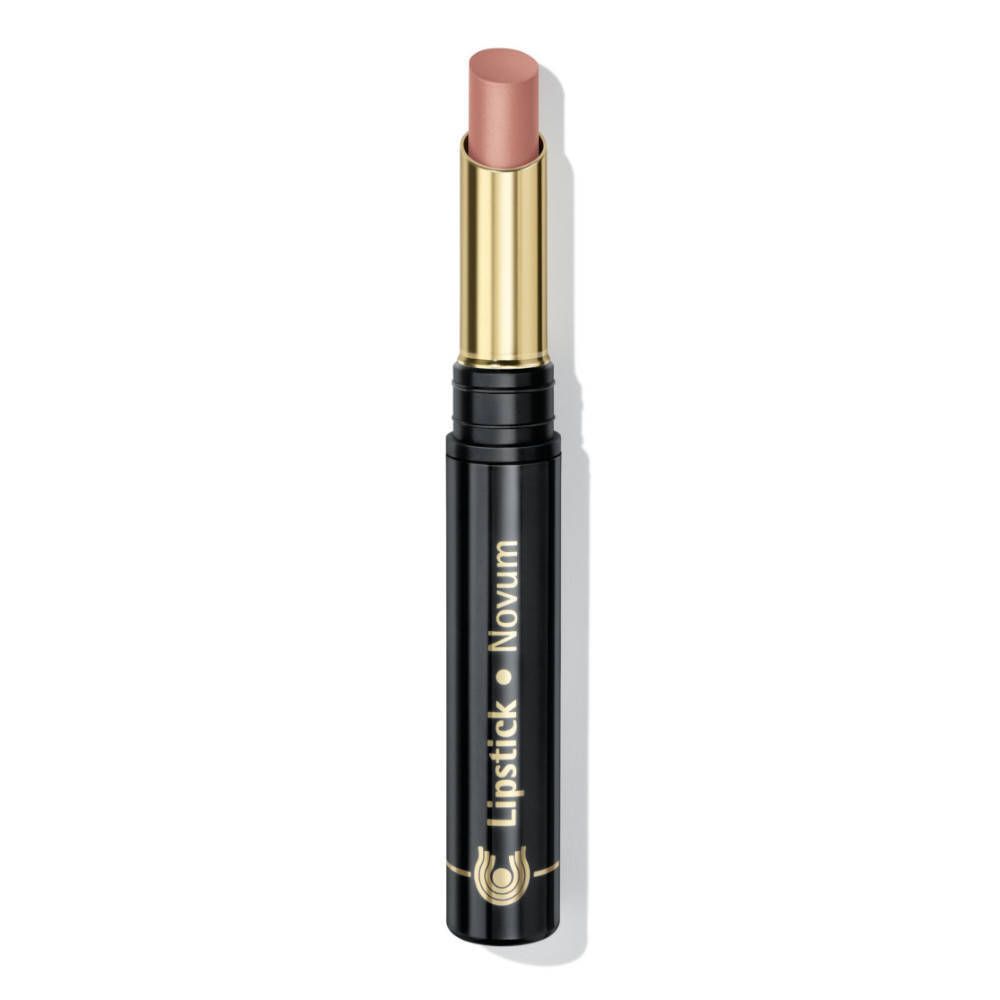 Rouge à lèvres Novum rose. Étui noir avec détails dorés. Inscription: Lipstick Novum. Vue du produit.