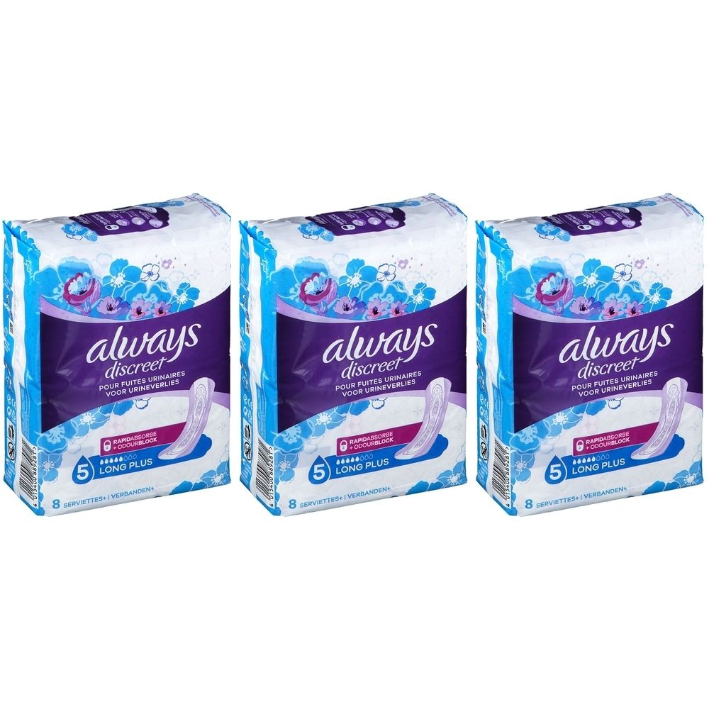Trois paquets Always Discreet. Emballage avec logo violet et image du produit. Texte : Long Plus, 5 gouttes.