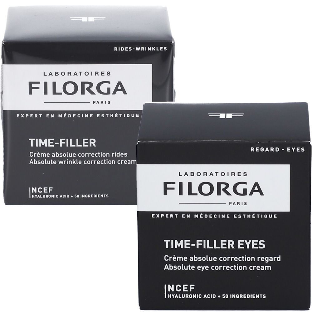 Deux boîtes noires. Inscriptions: FILORGA, TIME-FILLER, Crème absolue correction rides, TIME-FILLER EYES, Crème absolue correction regard.