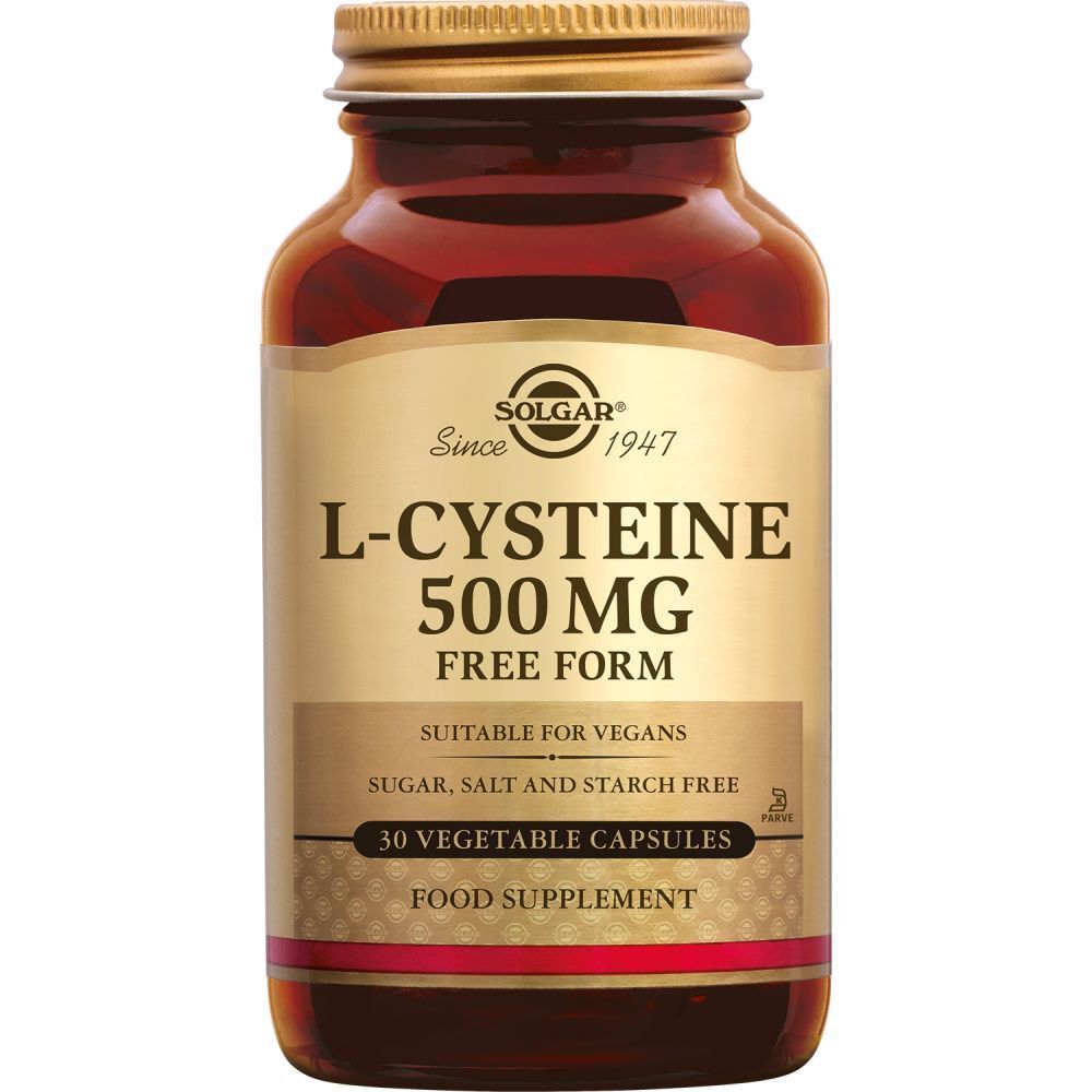 Bruine fles met gouden dop. Etiket: L-Cysteïne 500 mg, 30 capsules, geschikt voor veganisten.