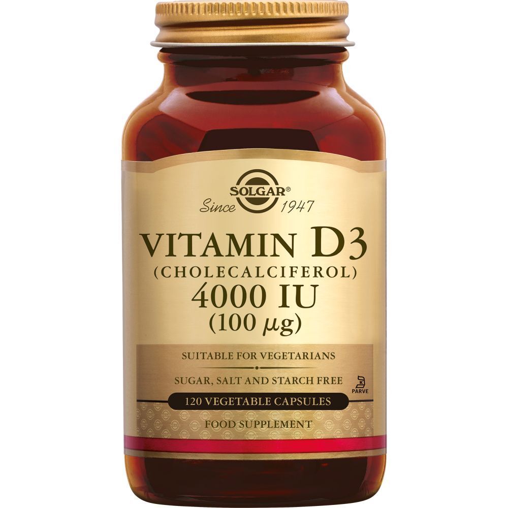 Flacon en verre brun avec couvercle doré. Étiquette avec inscription Vitamine D3 4000 UI, convient aux végétariens. 120 gélules.