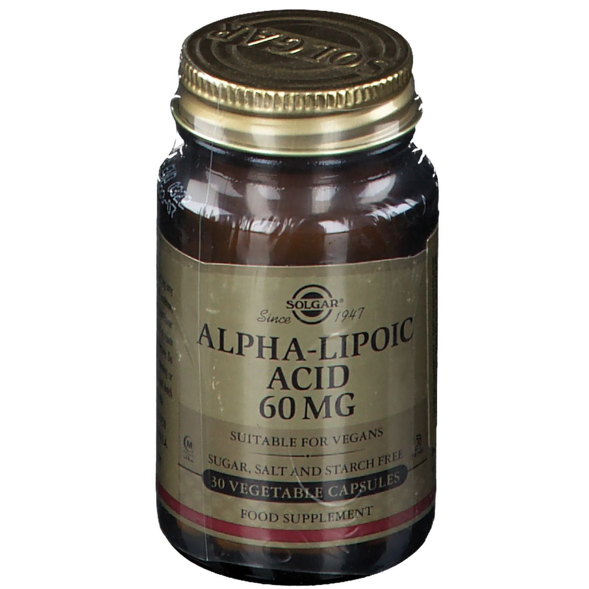 Flacon en verre brun avec couvercle doré. L'étiquette indique 'Alpha-Lipoic Acid 60 mg' et 'Convient aux végétaliens'.