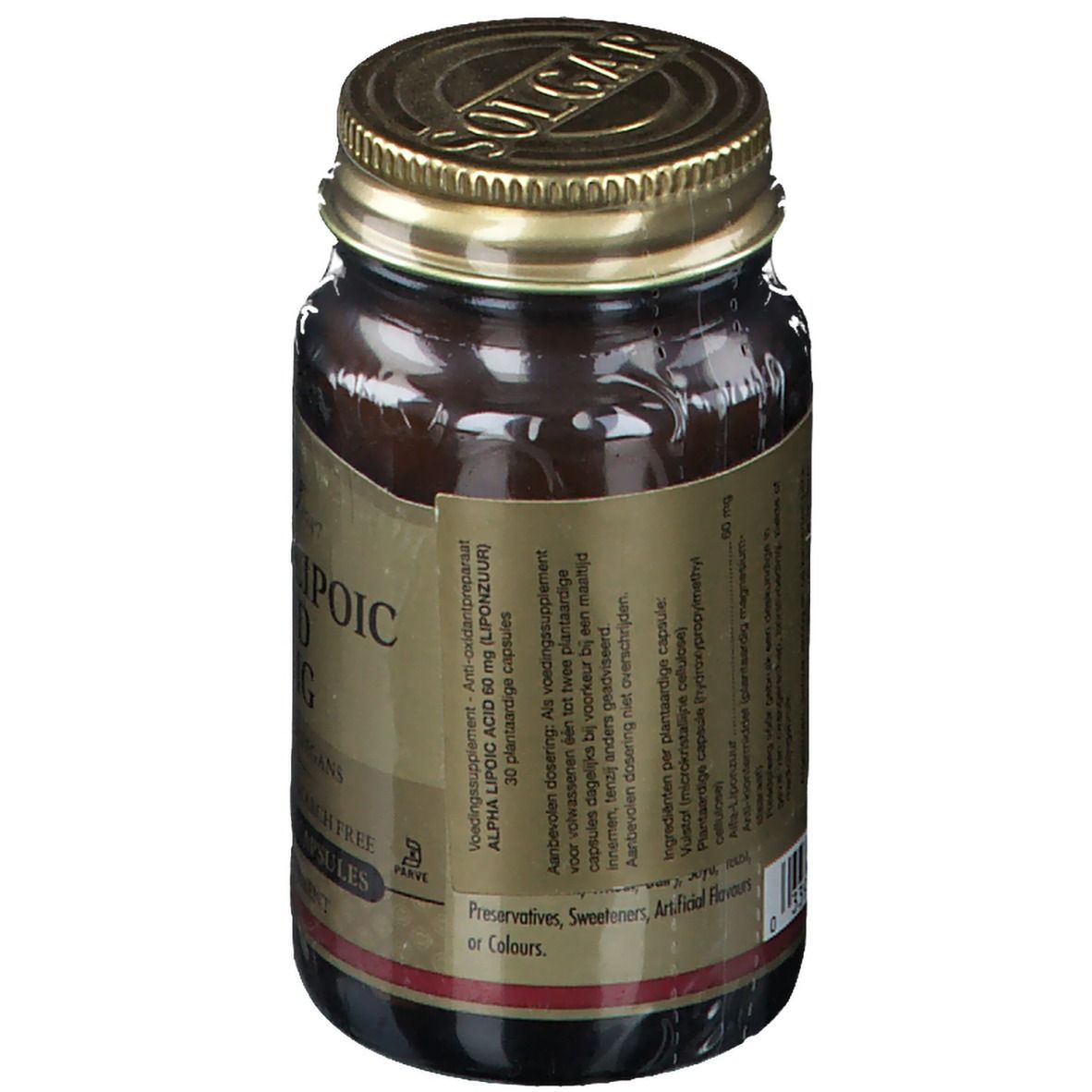 Vue arrière d'un flacon en verre brun avec couvercle doré. Étiquette avec informations sur le produit et ingrédients.