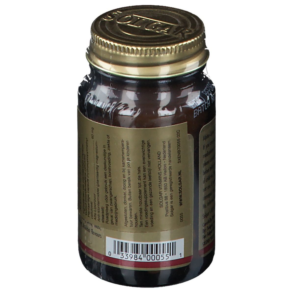 Vue arrière d'un flacon en verre brun avec couvercle doré. Étiquette avec informations et code-barres.