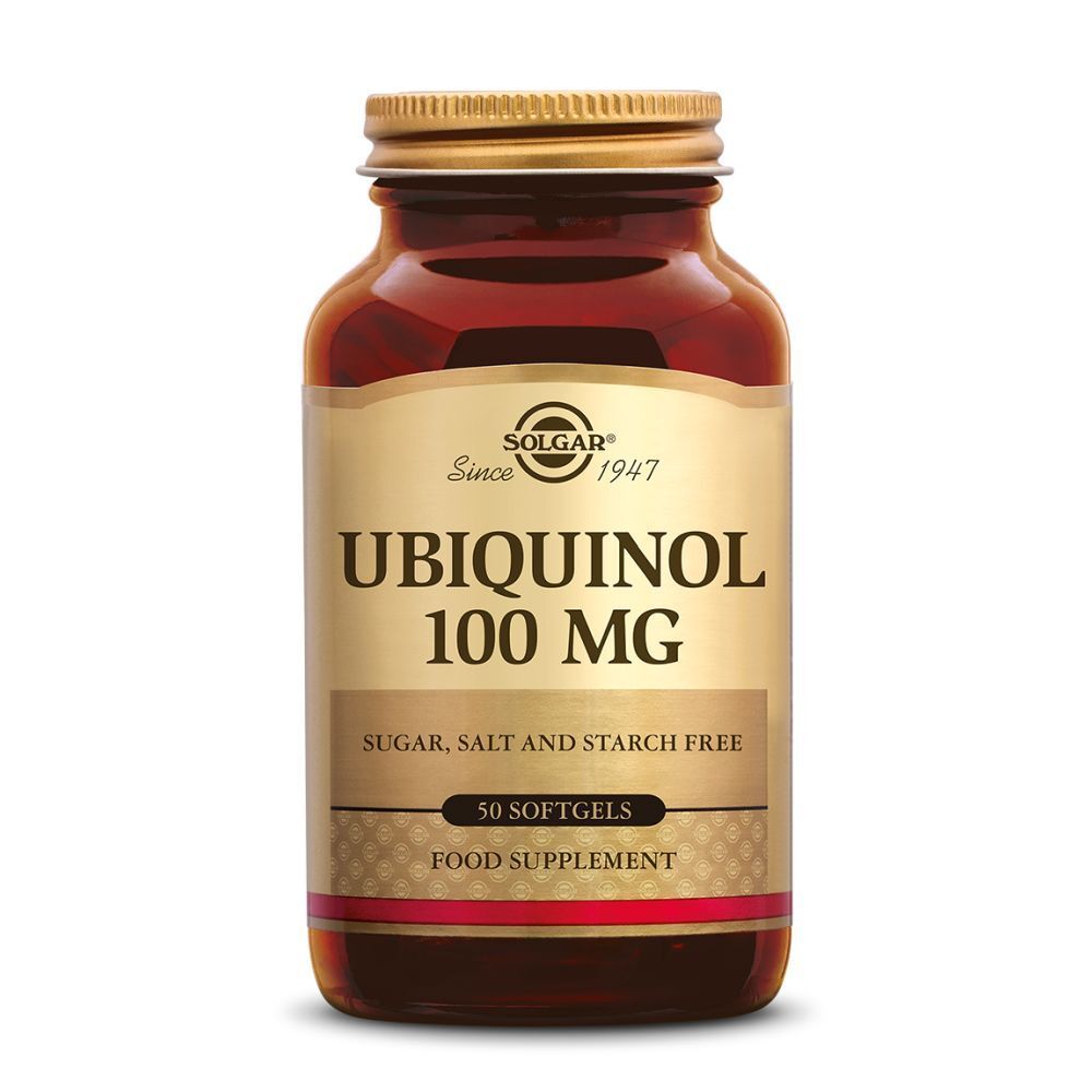 Bruine glazen fles met gouden dop. Opschrift: Ubiquinol 100 mg, 50 softgels. Merk: Solgar.
