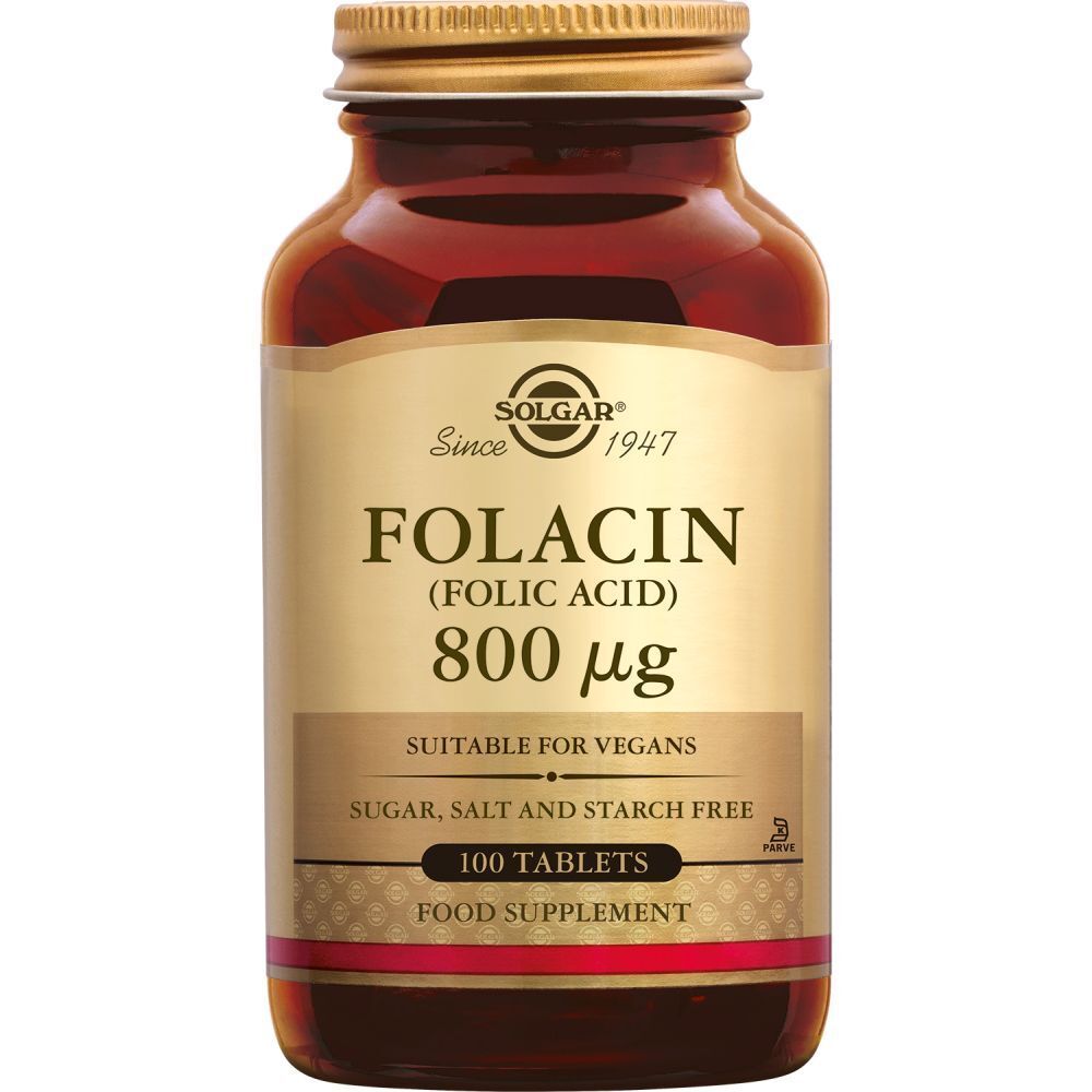 Bruine glazen fles met gouden dop. Etiket: Folacin (foliumzuur) 800 mcg, 100 tabletten.