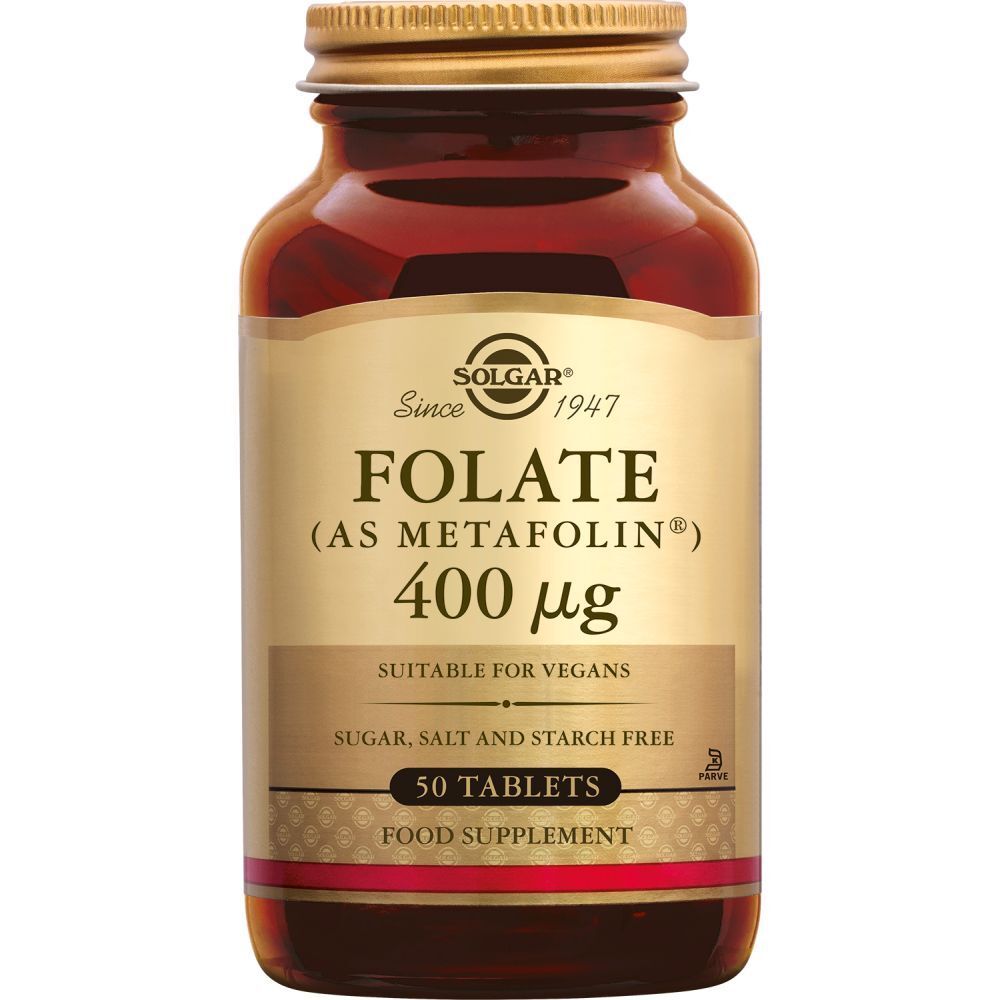 Bruine fles, gouden dop. Etiket SOLGAR, FOLATE (AS METAFOLIN) 400 µg, 50 tabletten.