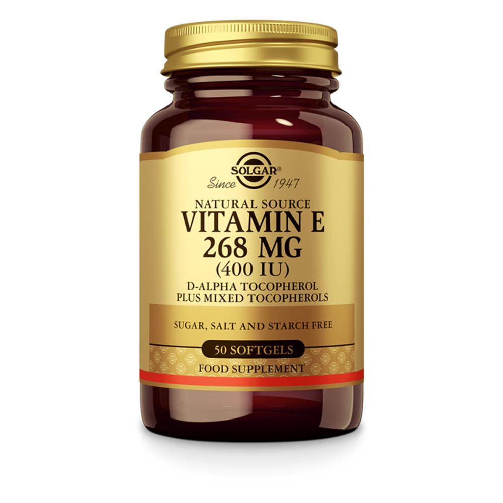 Bruine glazen fles met gouden dop. Etiket met tekst: Vitamine E 268 mg (400 IE), 50 softgels. Merk: Solgar.