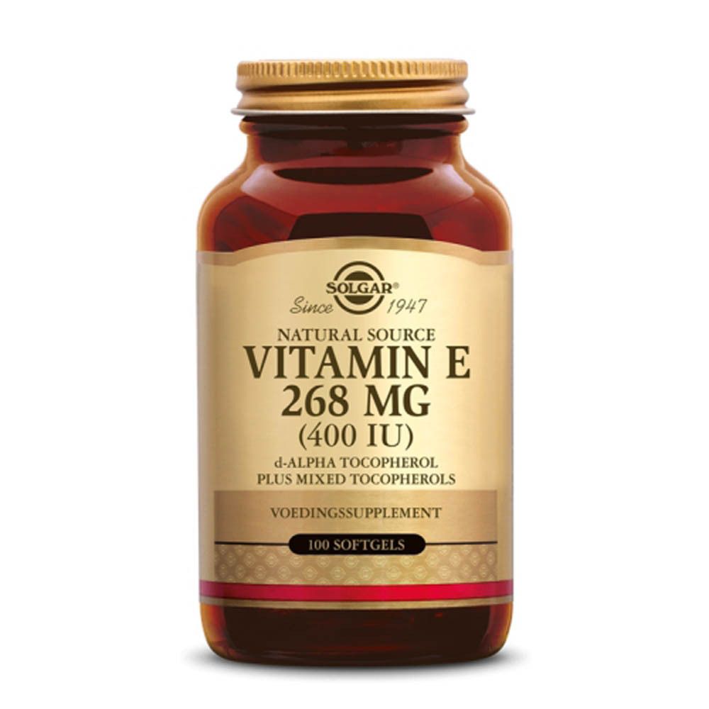 Flacon en verre brun avec couvercle doré. Étiquette avec inscription Vitamine E 268 mg (400 UI) de Solgar. 100 gélules.