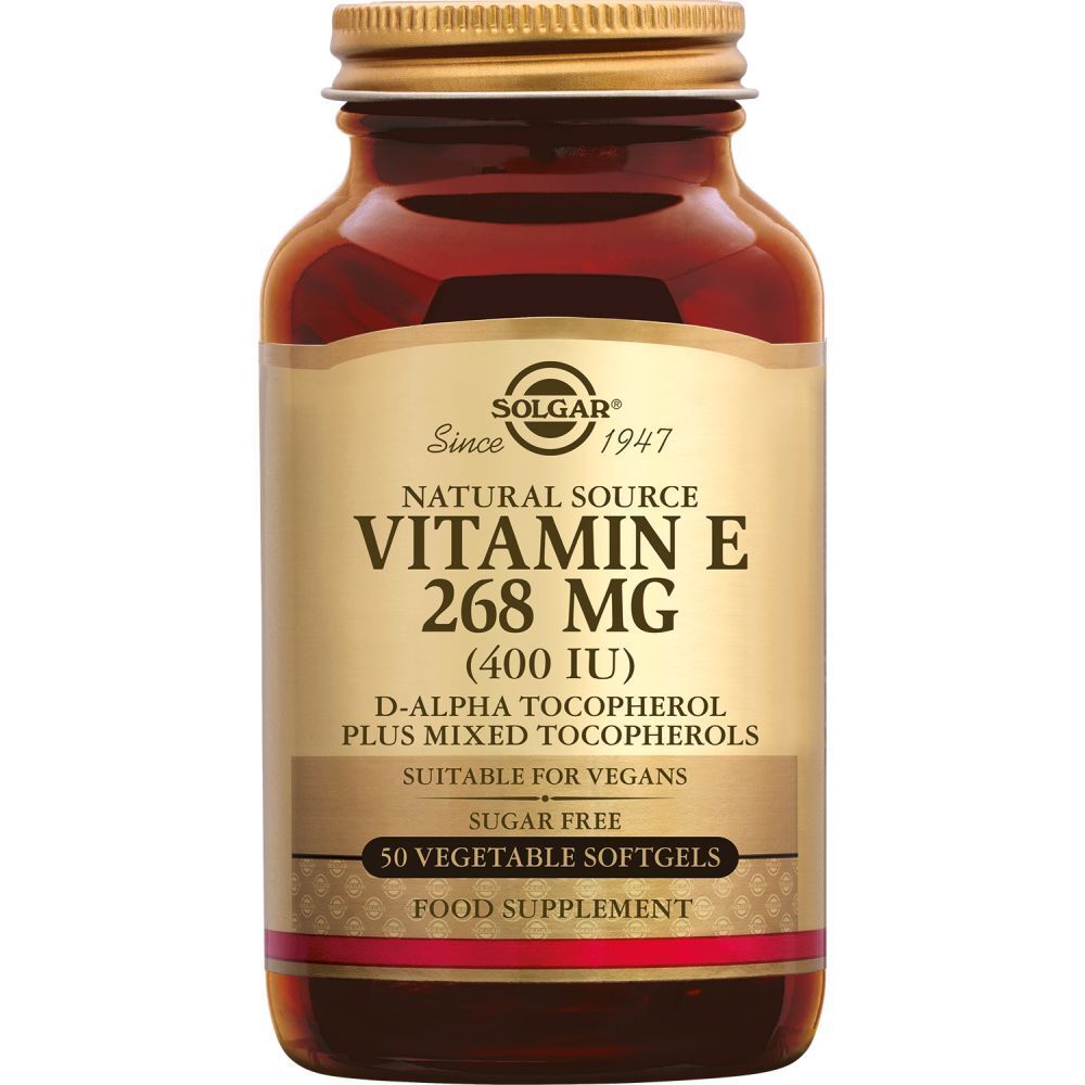 Bruine glazen fles met gouden dop. Etiket met productinfo: Vitamine E 268 mg, 50 softgels, vegan.