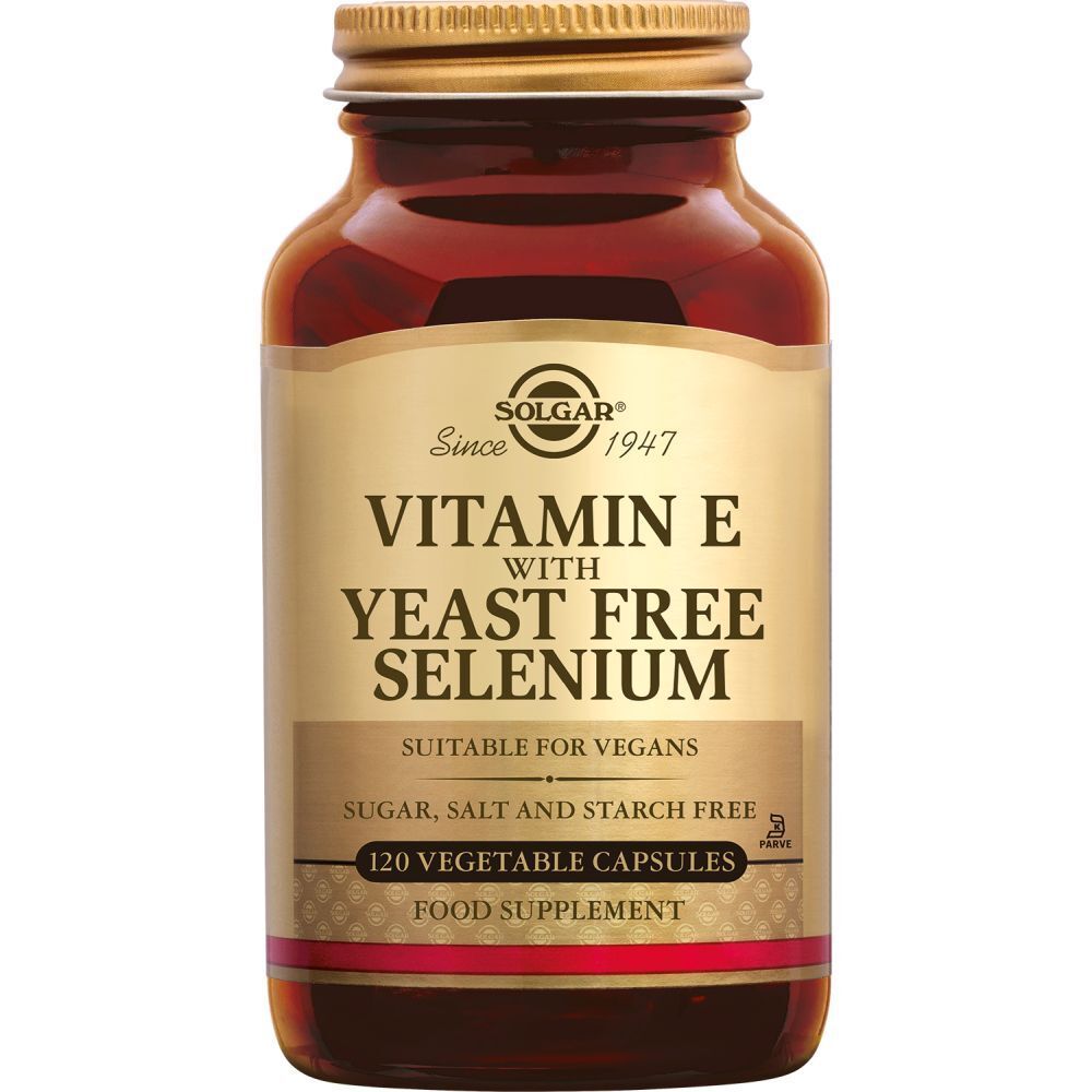 Bruine glazen fles met gouden dop. Etiket met "Vitamine E" en "Selenium". 120 capsules.