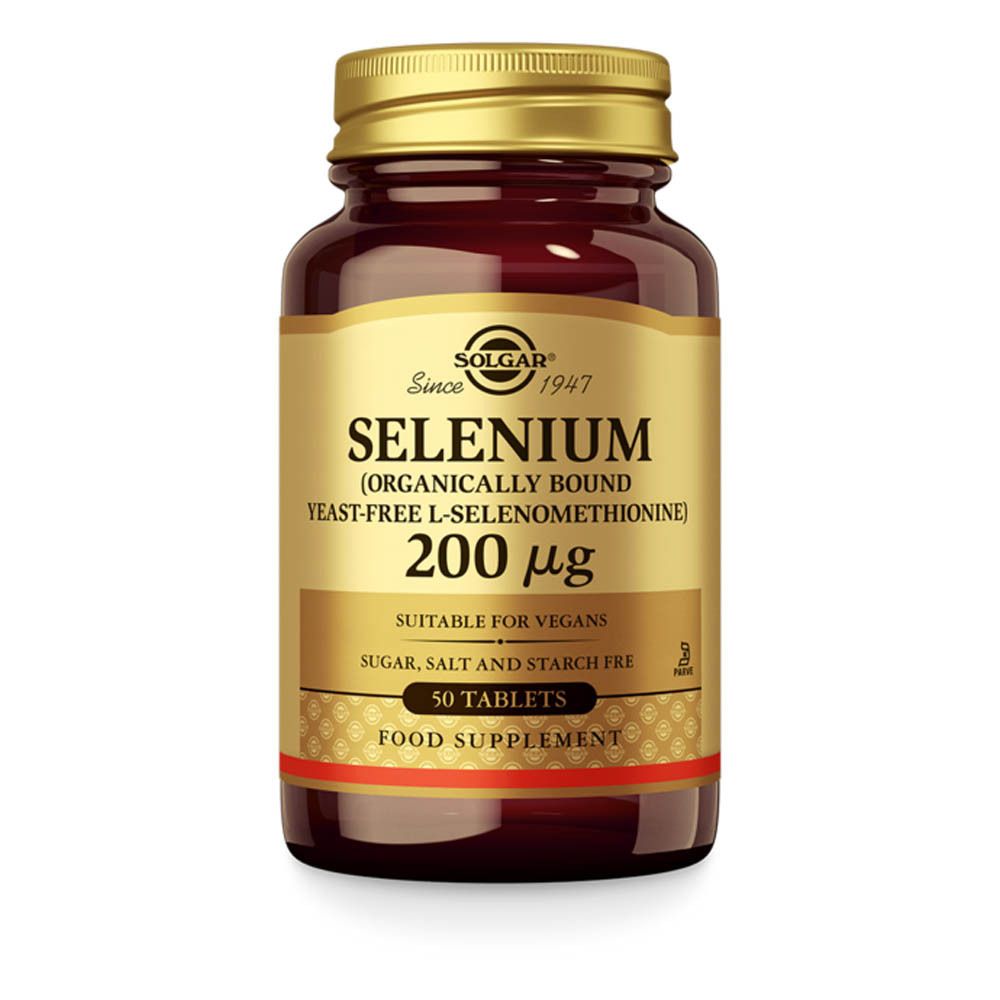 Bruine glazen fles met gouden dop. Etiket met "Solgar Selenium 200 mcg". 50 tabletten. Geschikt voor veganisten.