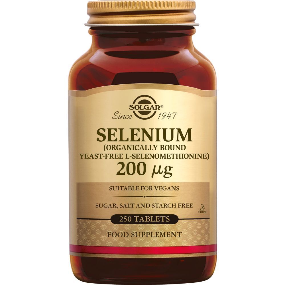 Bruine glazen fles met gouden deksel. Etiket met productinformatie: Selenium 200 mcg, merk Solgar.
