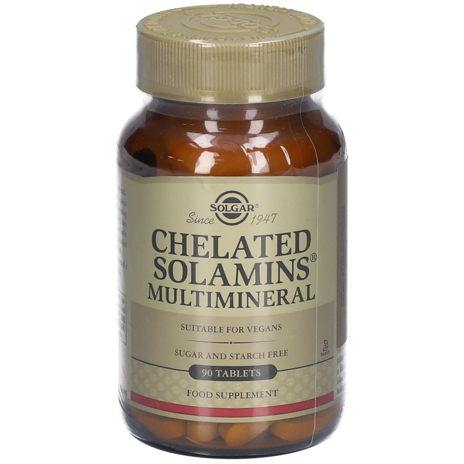 Bruine glazen fles Solgar Chelated Solamins Multimineral. Opschrift: 90 tabletten, geschikt voor veganisten.