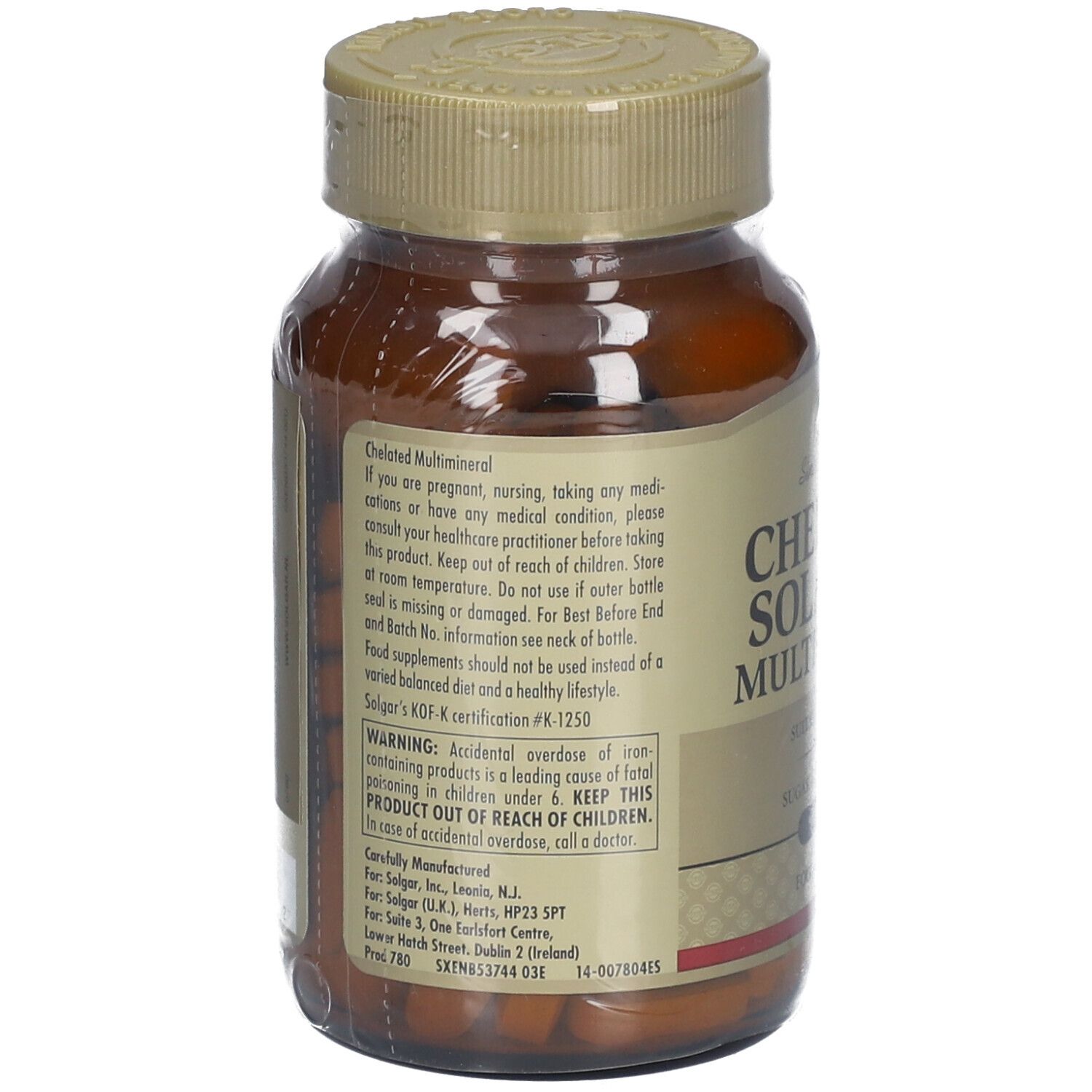 Achterkant van de bruine glazen fles Solgar Chelated Solamins Multimineral. Tekst met informatie over het product.