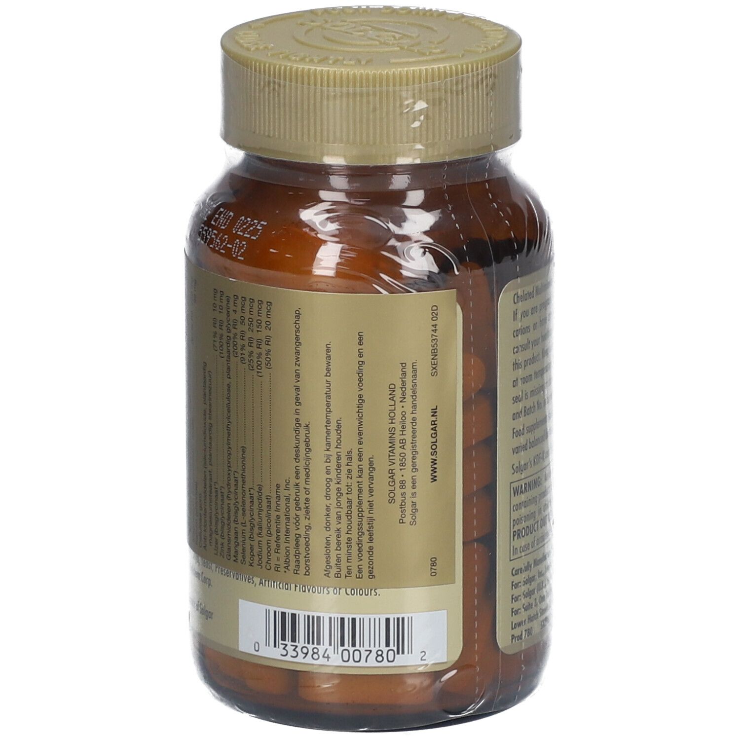 Achterkant van de bruine glazen fles Solgar Chelated Solamins Multimineral. Etiket met ingrediënten en fabrikantinfo.